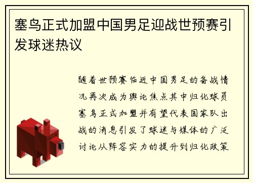 塞鸟正式加盟中国男足迎战世预赛引发球迷热议