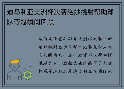 迪马利亚美洲杯决赛绝妙挑射帮助球队夺冠瞬间回顾